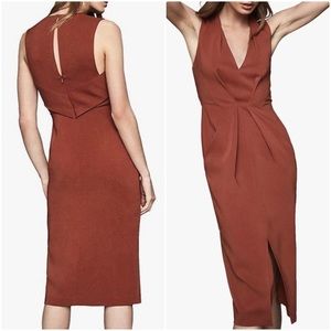 NWT Reiss Gracie Deep V Bodycon Sleeveless Midi Dress Rust